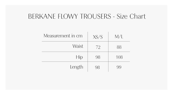 Size chart AQVAROSSA Berkane Flowy Trousers